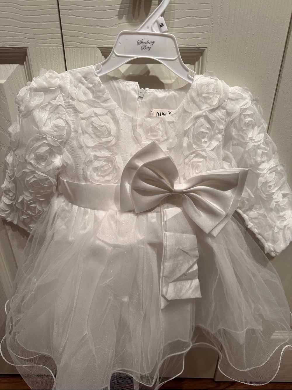 White Floral Rosette Tulle Baby Dress with Bow
